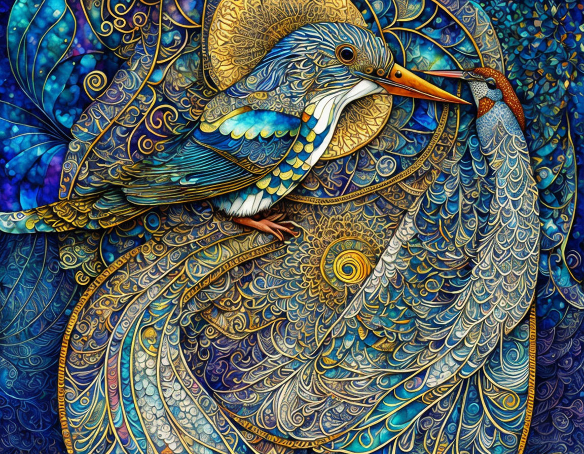 Colorful Artwork Featuring Two Birds on Blue Mosaic Background