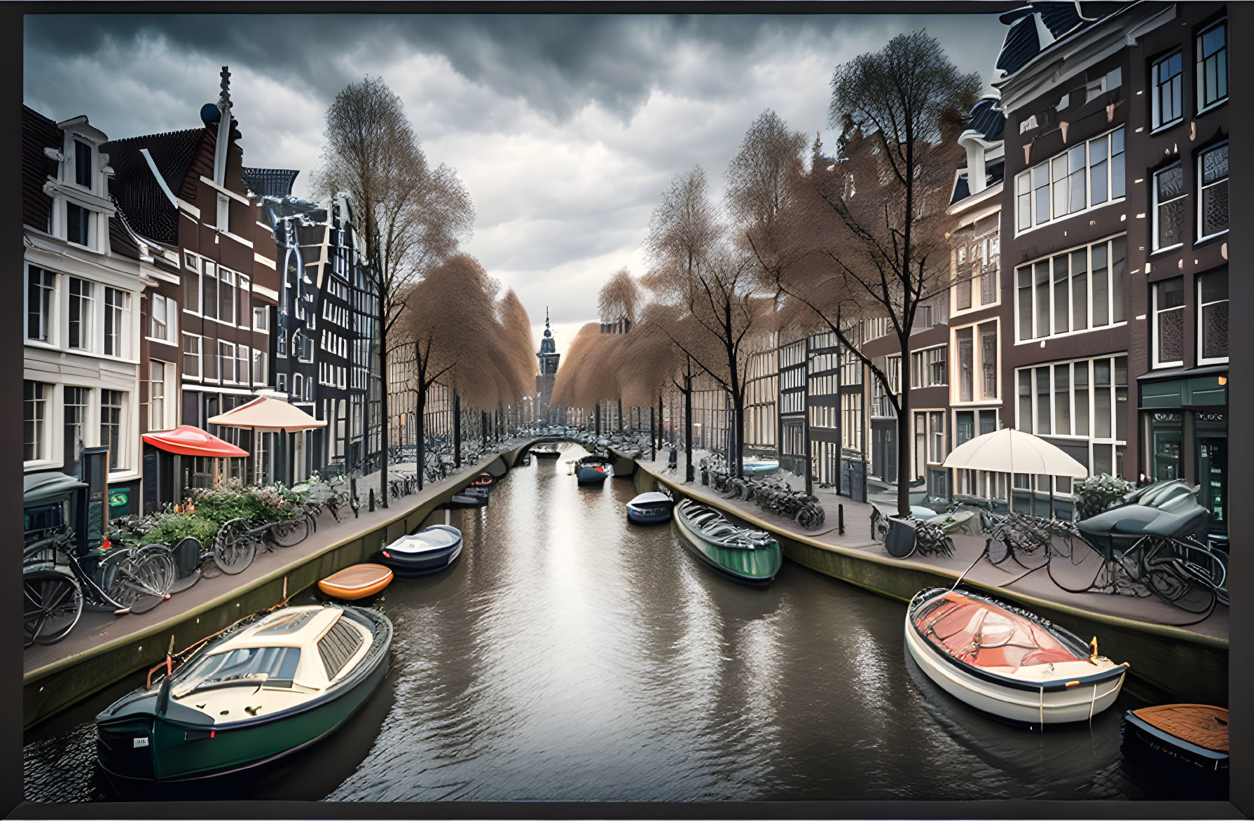 Historic buildings, boats, bicycles along Amsterdam canal