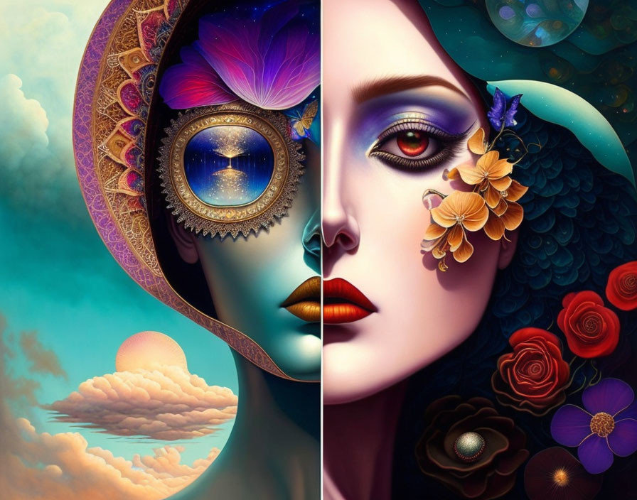 Artistic portraits of women with floral and cosmic motifs, featuring celestial eye and vibrant makeup.