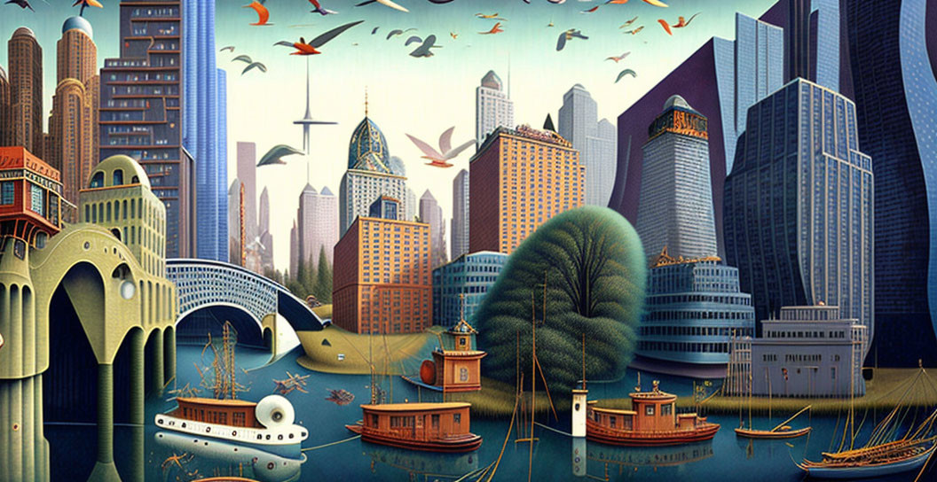 Colorful cityscape with classic and modern buildings, boats, and birds.