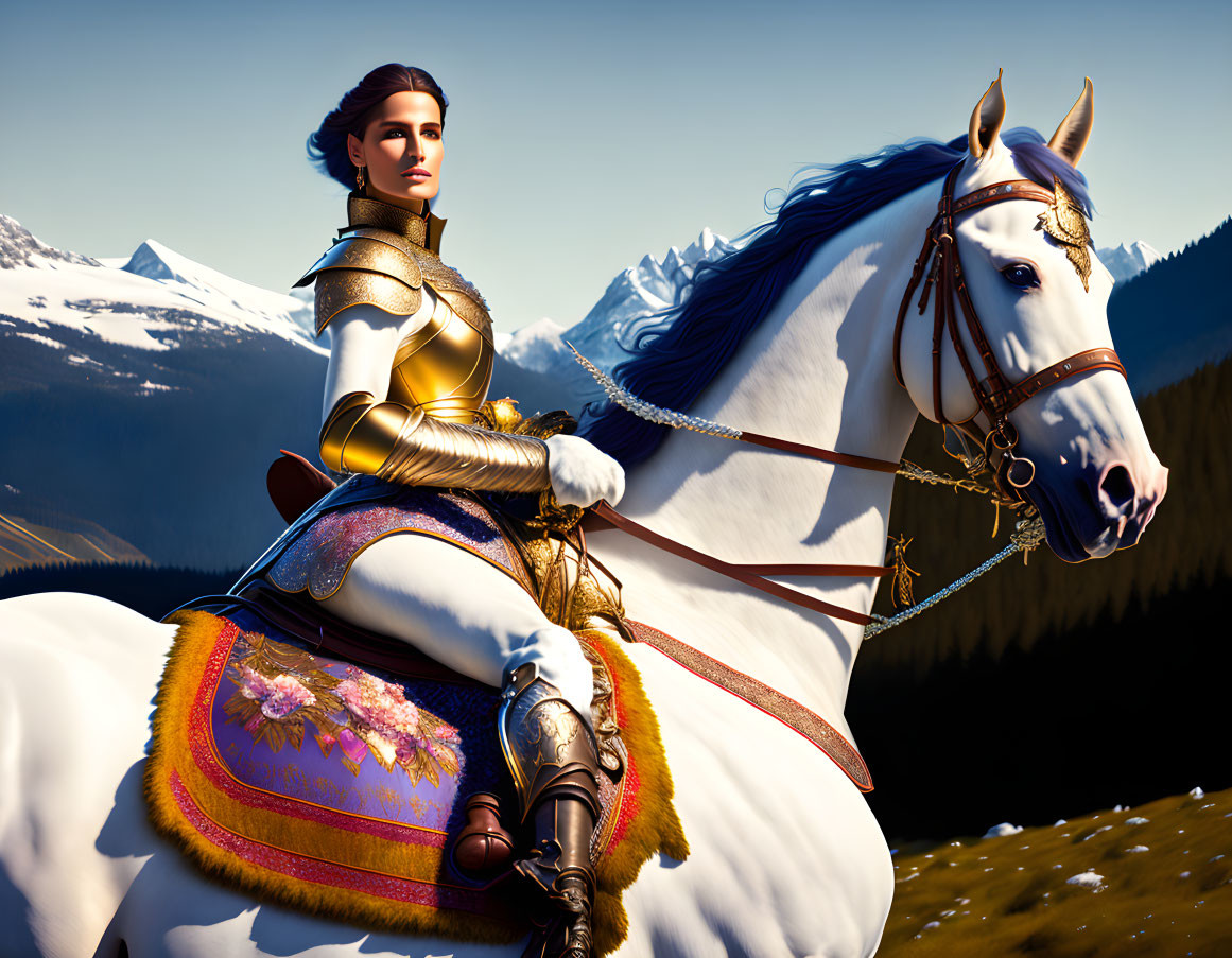 Female warrior in golden armor on white horse against mountain backdrop