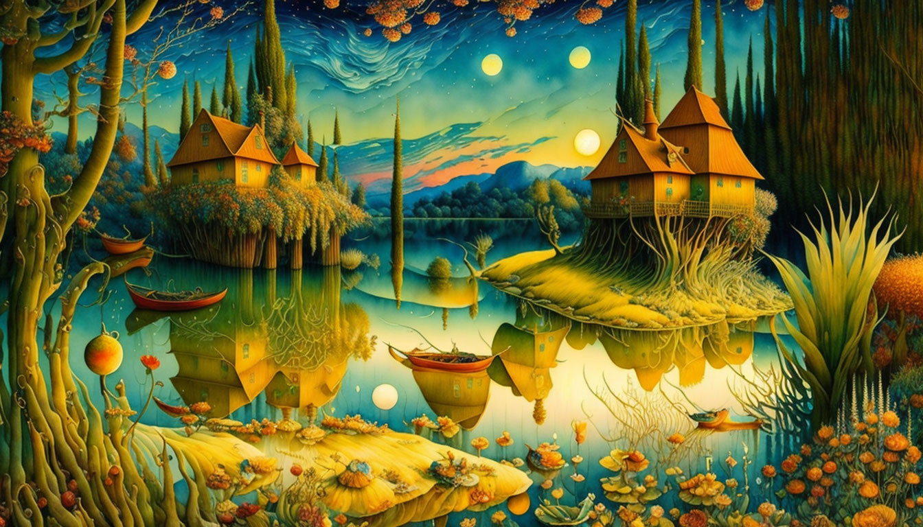 Fantastical landscape with whimsical houses, boats, flora, and starry sky