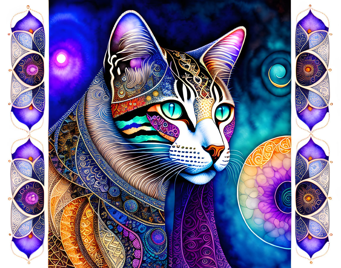 Colorful cat illustration with mandala designs on mystical background