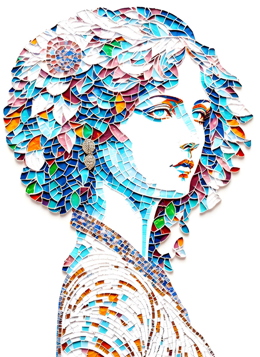 Vibrant mosaic artwork of woman's profile with intricate patterns