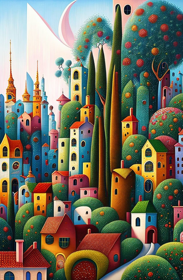 Vibrant cityscape painting with unique buildings, coral-like trees, and crescent moon