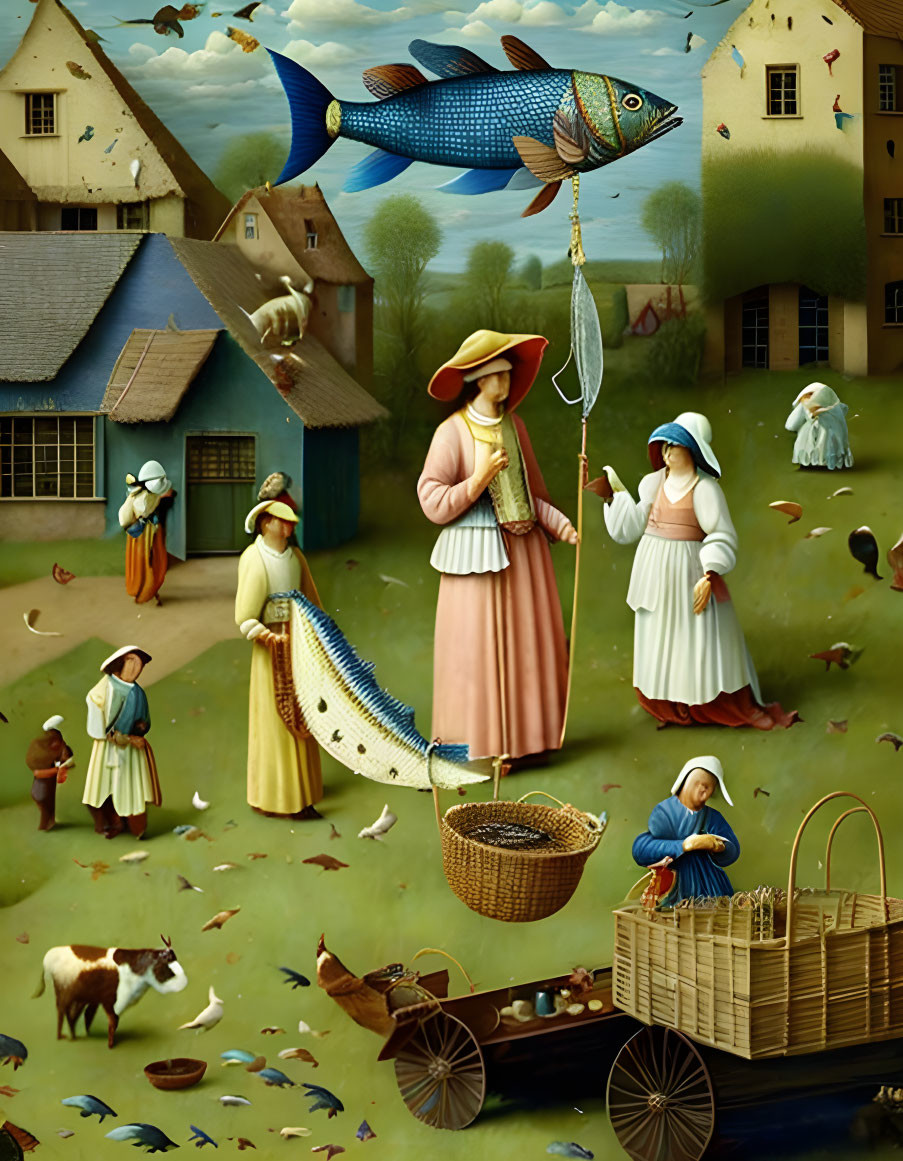 Surreal painting of women in traditional attire with flying fish and basket-weaving scene