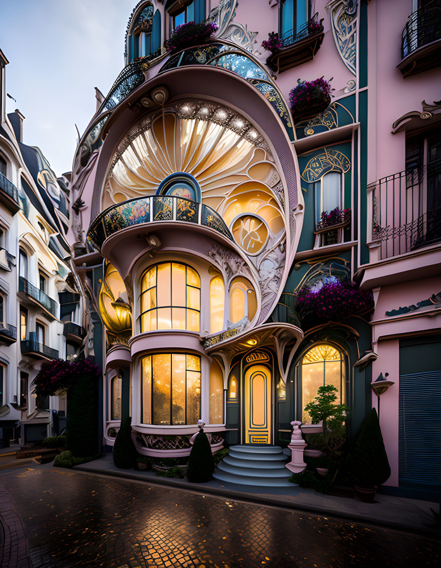 Ornate Art Nouveau building with ironwork and curved windows at twilight