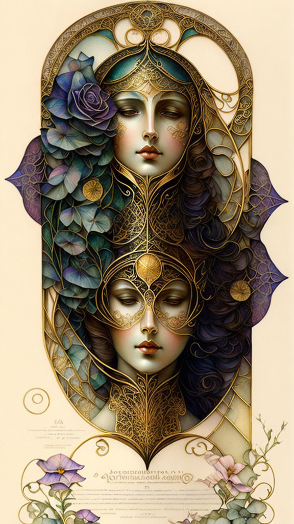 Art Nouveau style illustration of mirrored female faces with ornate headpieces and floral motifs