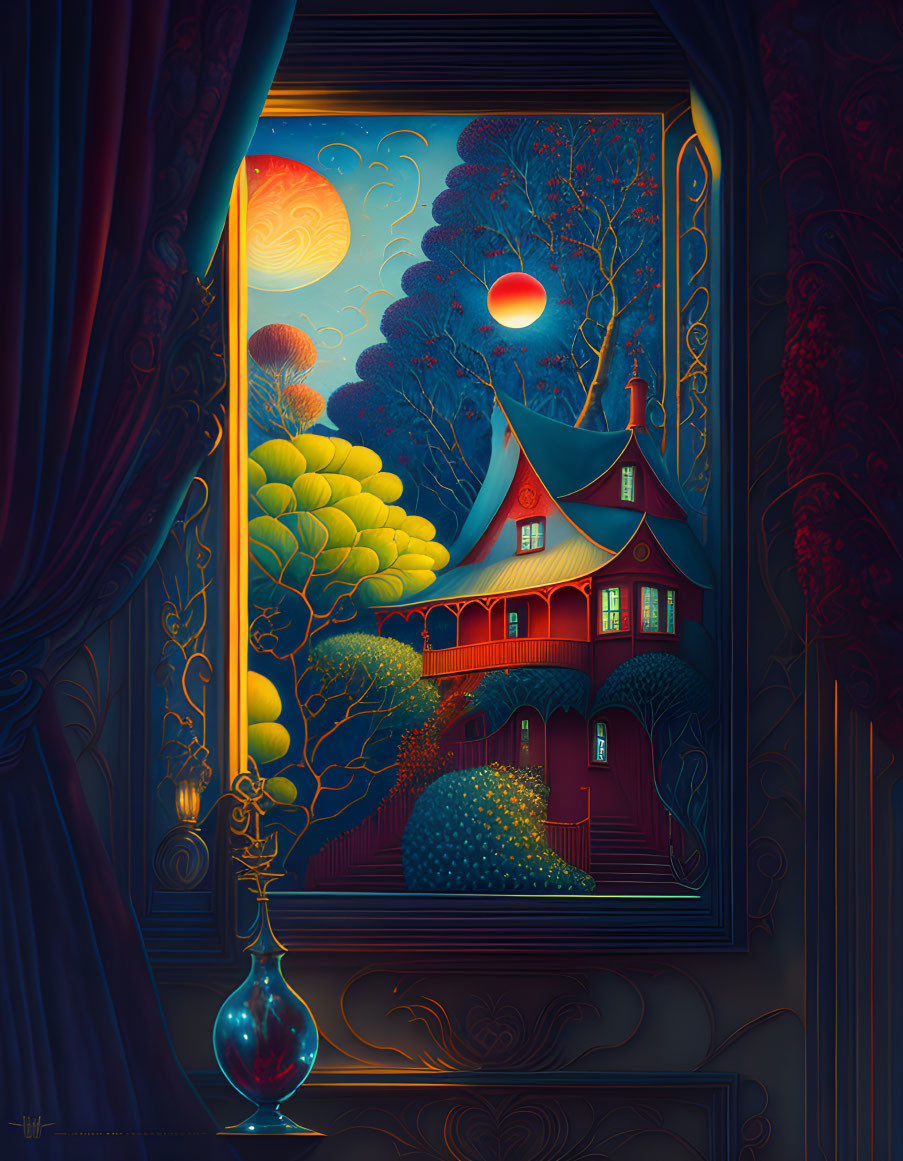 Colorful whimsical house illustration with pointed roof and sunset view through window.