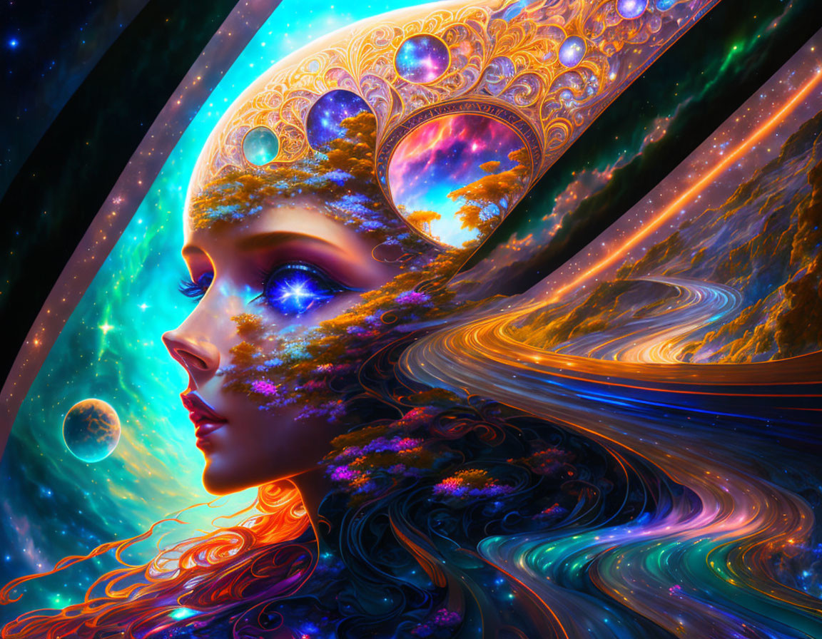 Cosmic-themed portrait of a woman with galaxy hair and floral skin