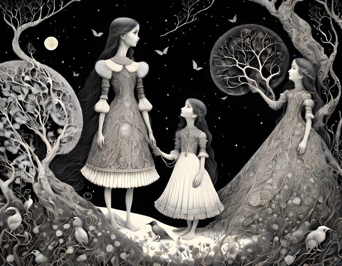 Monochromatic fantasy illustration: Three women in vintage dresses amidst intricate nature and celestial motifs