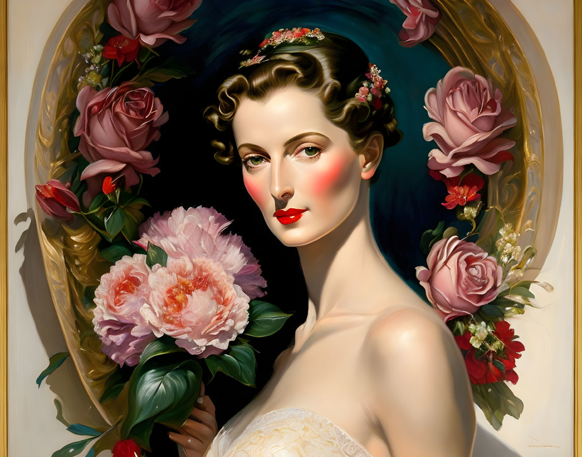 Classic Style Painting of Woman with Floral Crown and Peonies