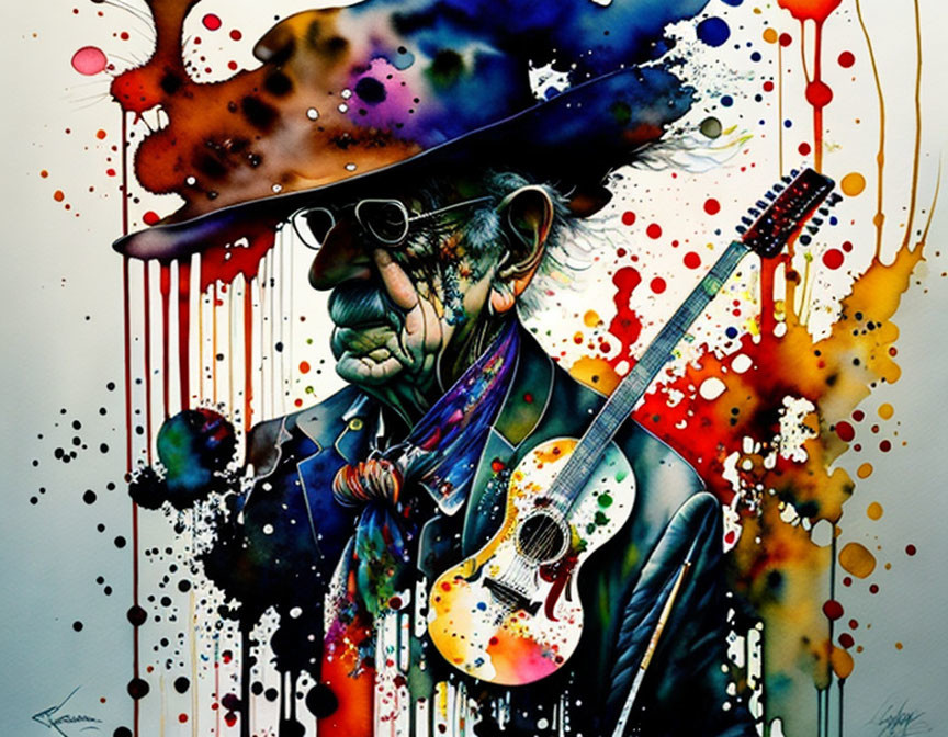 Colorful Abstract Artwork: Figure with Hat and Guitar, Dynamic Paint Splashes