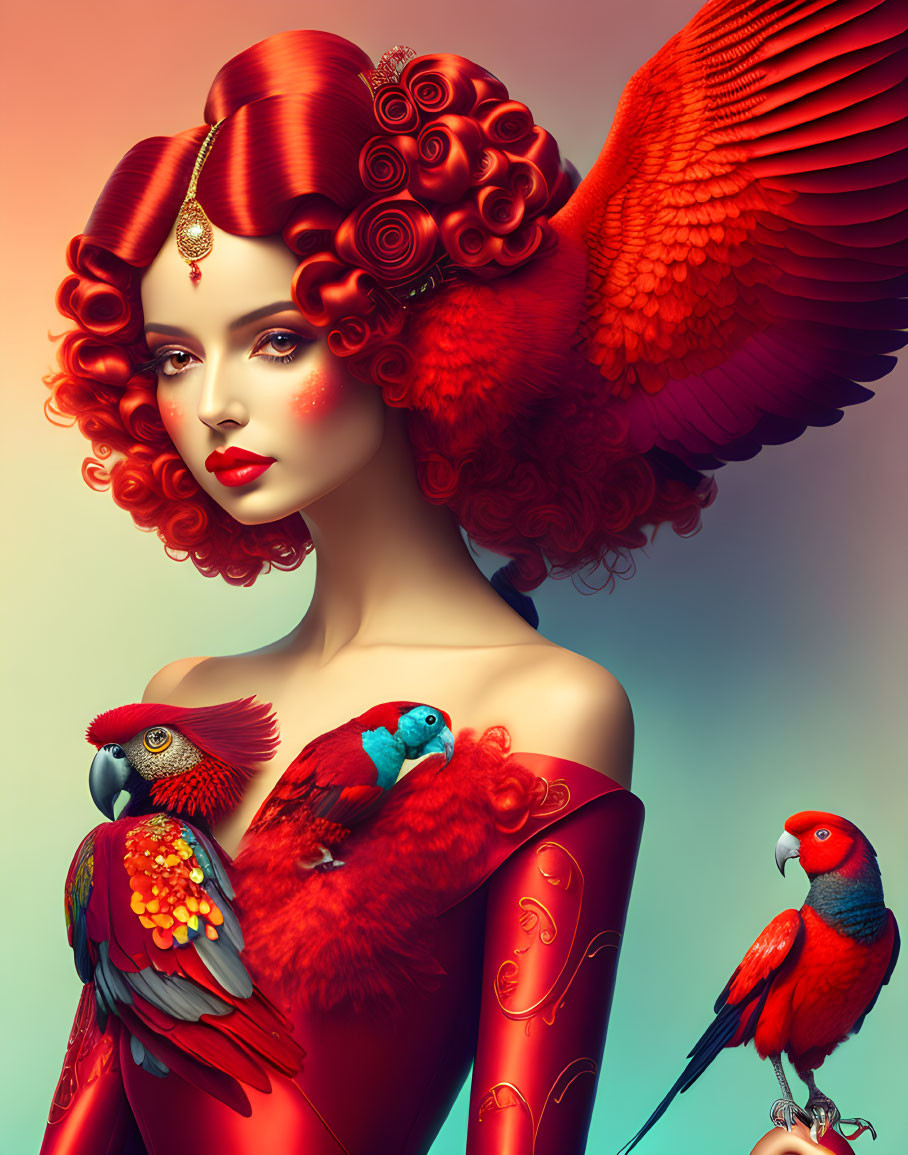 Vibrant red-haired woman with jeweled headpiece and red parrots on teal background