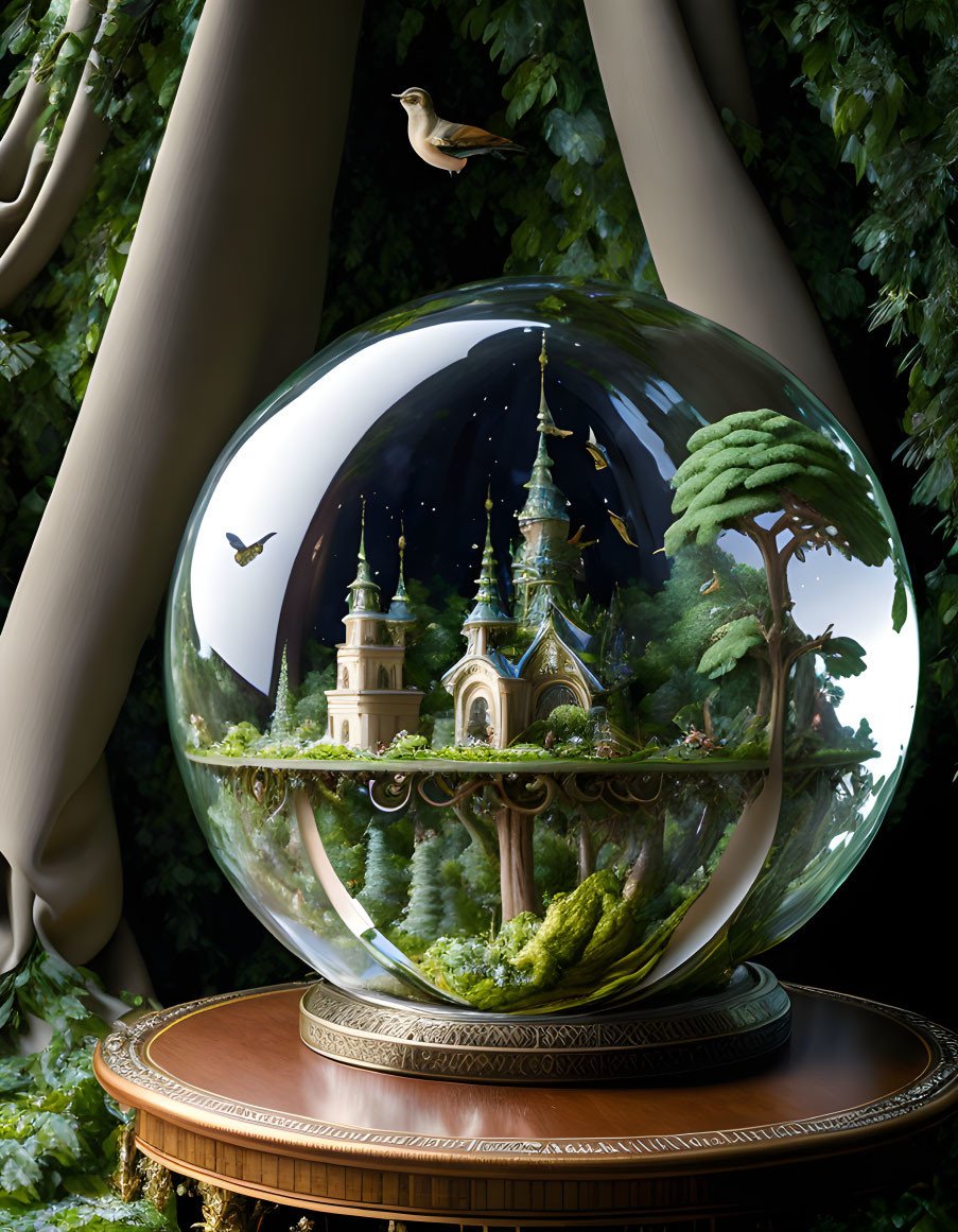 Crystal ball showing castle in forest on ornate table with curtains and foliage.