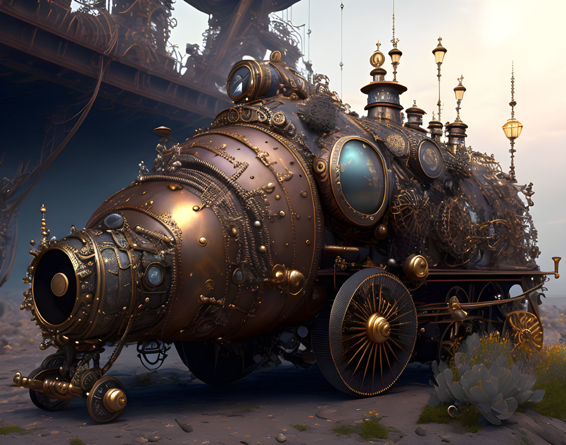 Steampunk-style submarine on wheels with intricate metalwork and gears