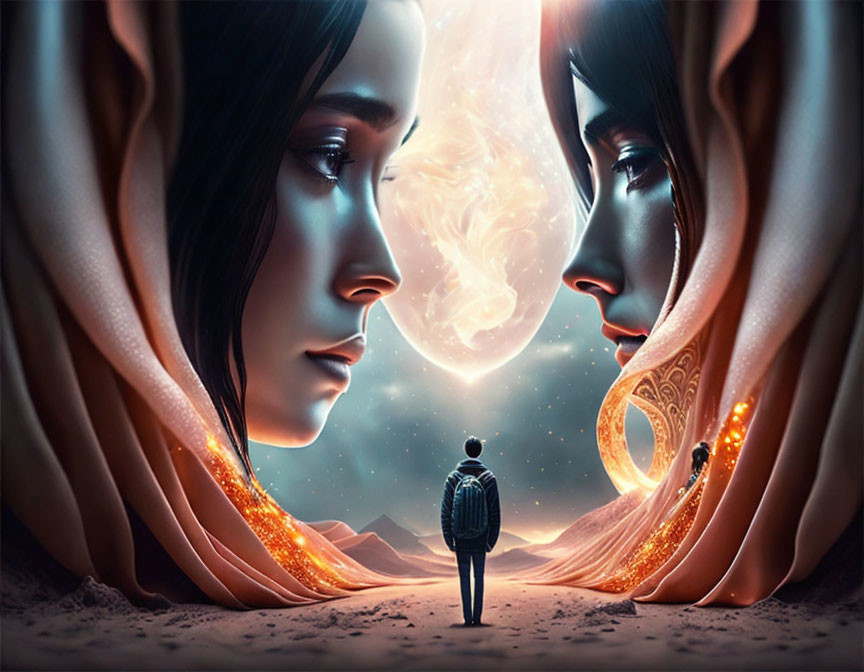 Man in surreal cosmic scene with mirrored ethereal female faces under swirling galaxy