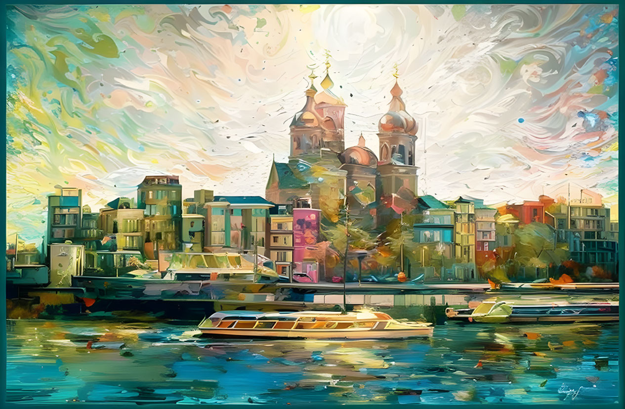 Colorful Impressionist Cityscape with Church and Boats by River