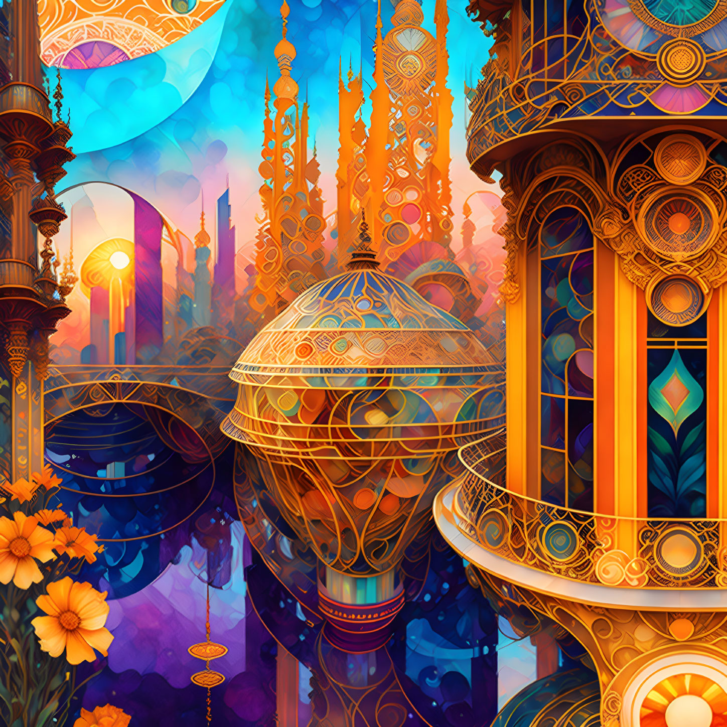 Fantastical cityscape illustration with ornate towers and floating structures