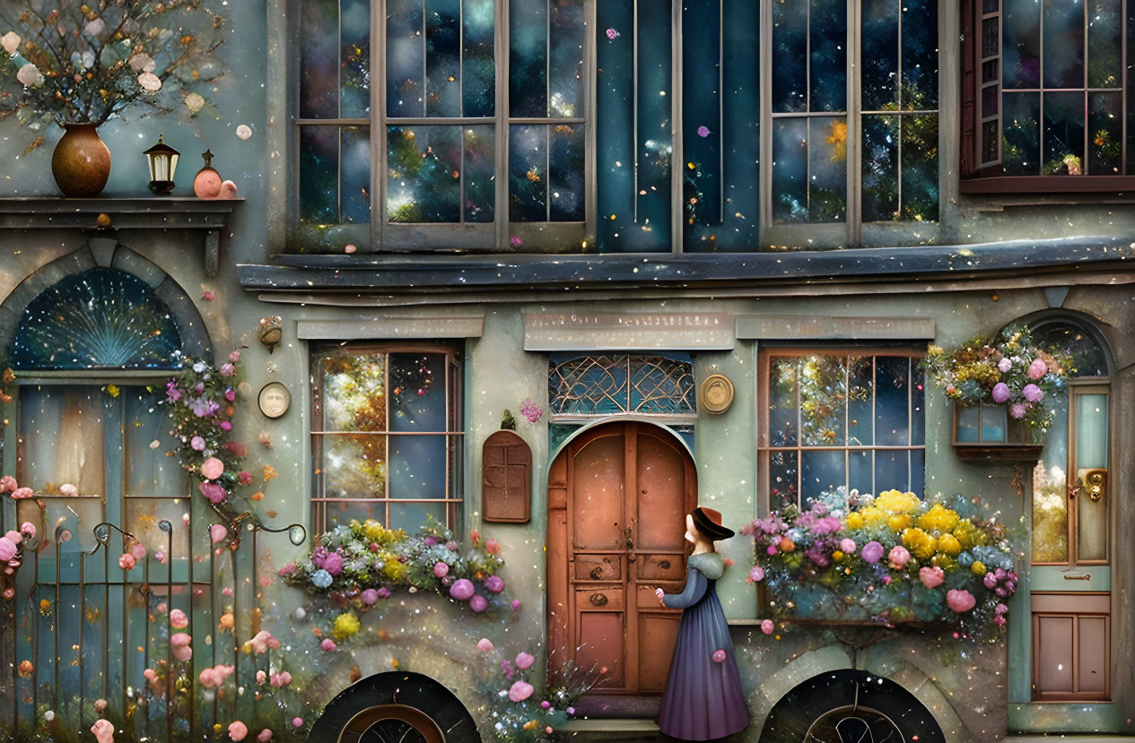 Whimsical illustration of person in hat near flower-adorned cottage