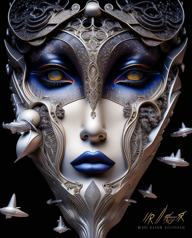 Detailed symmetrical robotic face with ornate patterns and blue eyes