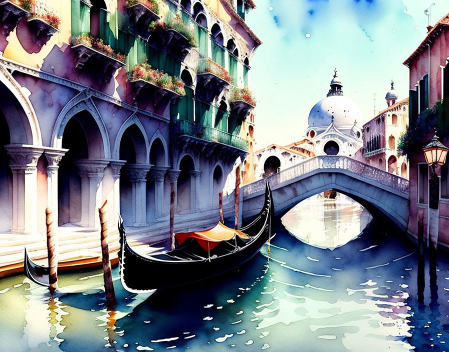 Venice Canal Watercolor with Gondola and Arched Bridge