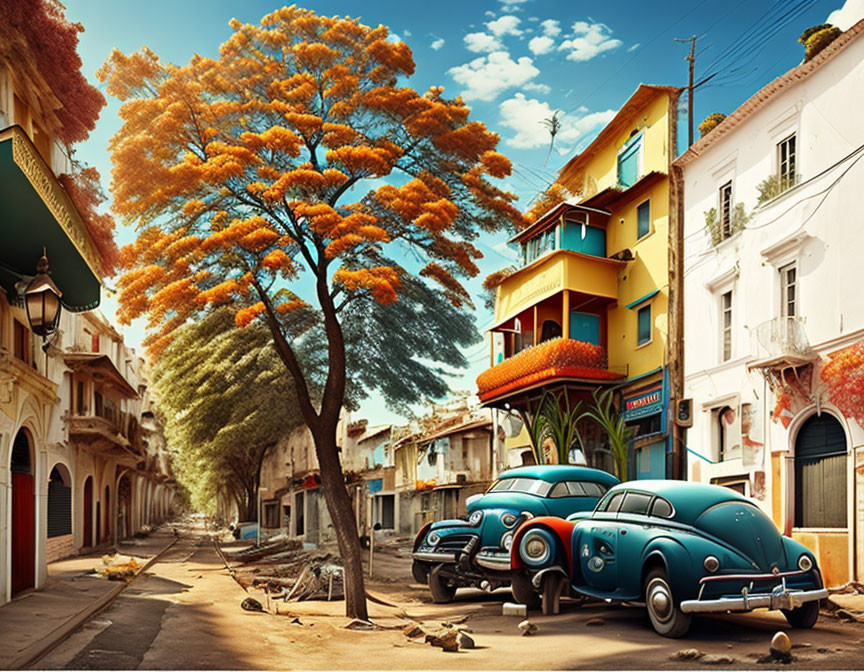 Colorful Vintage Cars Parked on Quaint Street with Orange-Leaved Tree