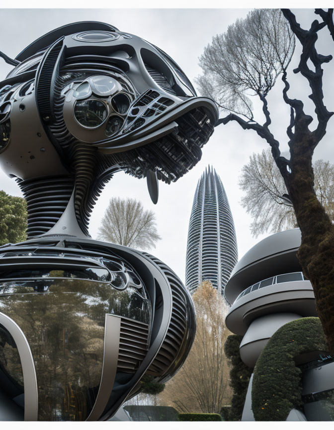 Futuristic cityscape with robotic head sculpture and skyscrapers