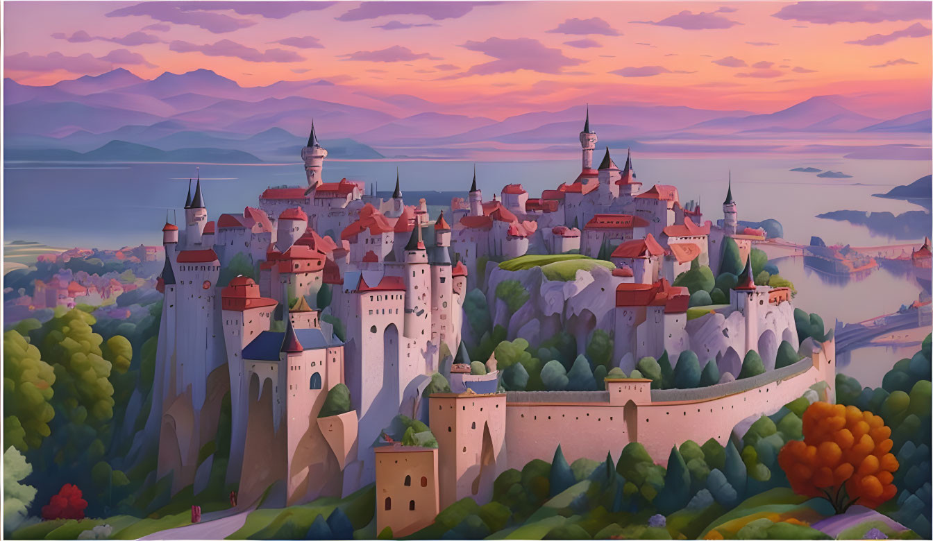 Fantasy castle with spires and towers in lush sunset landscape