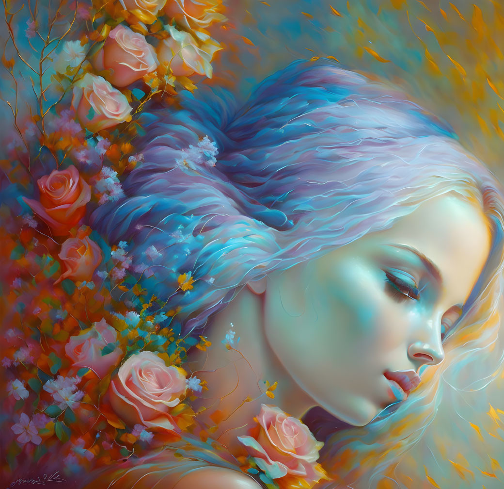 Ethereal portrait of woman with blue and purple hair among vibrant flowers