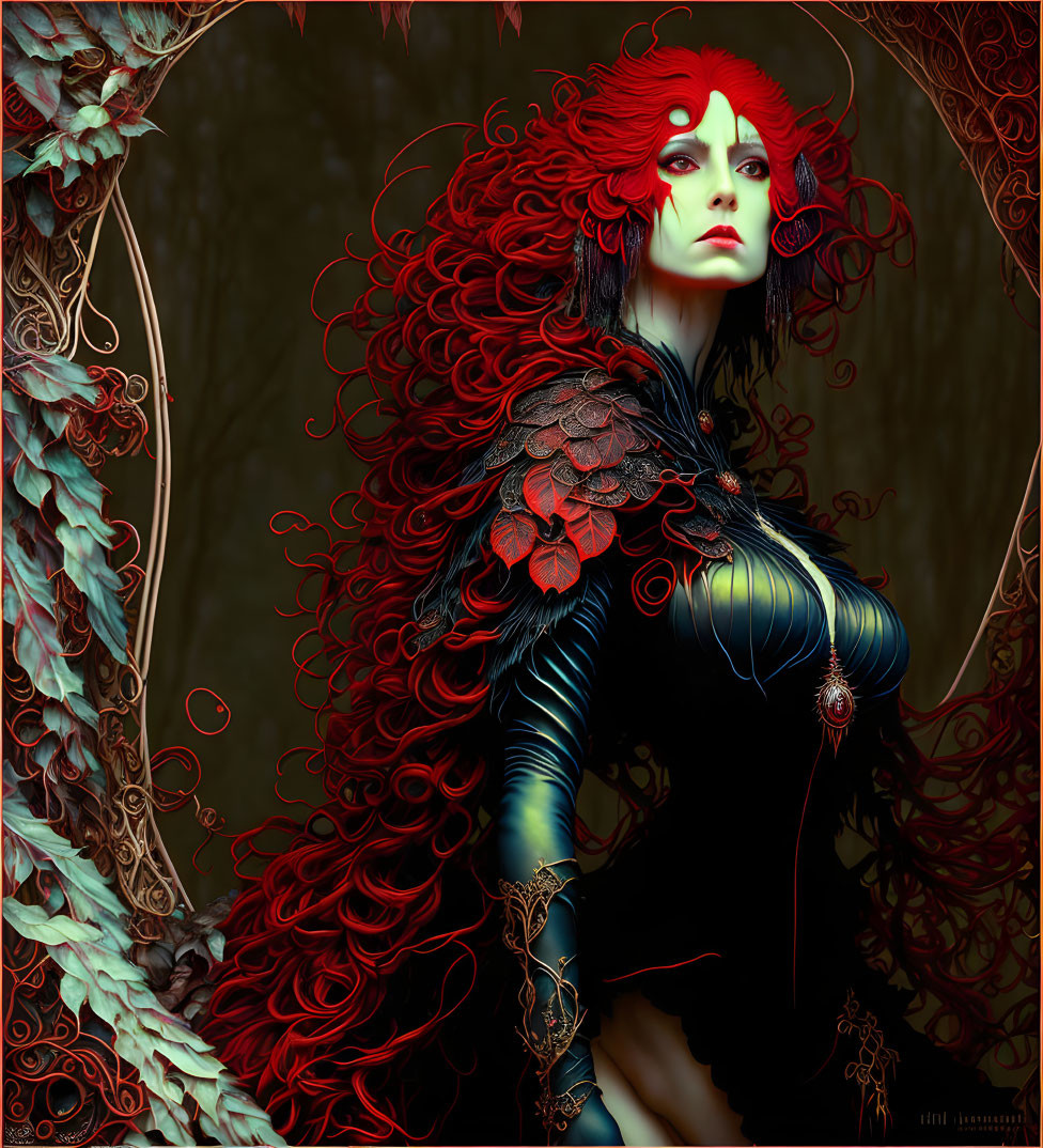 Fantastical female figure with red hair in dark armor and mystical forest.