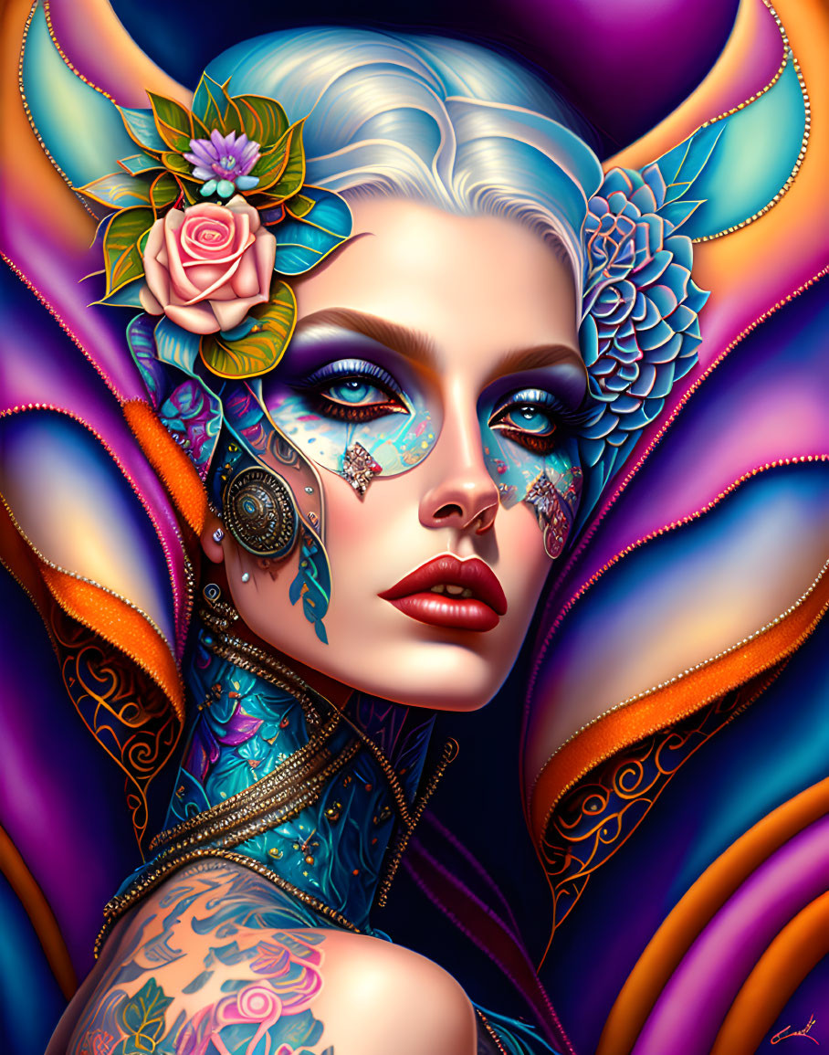 Colorful portrait of stylized woman with blue hair and tattoos in front of butterfly wing background