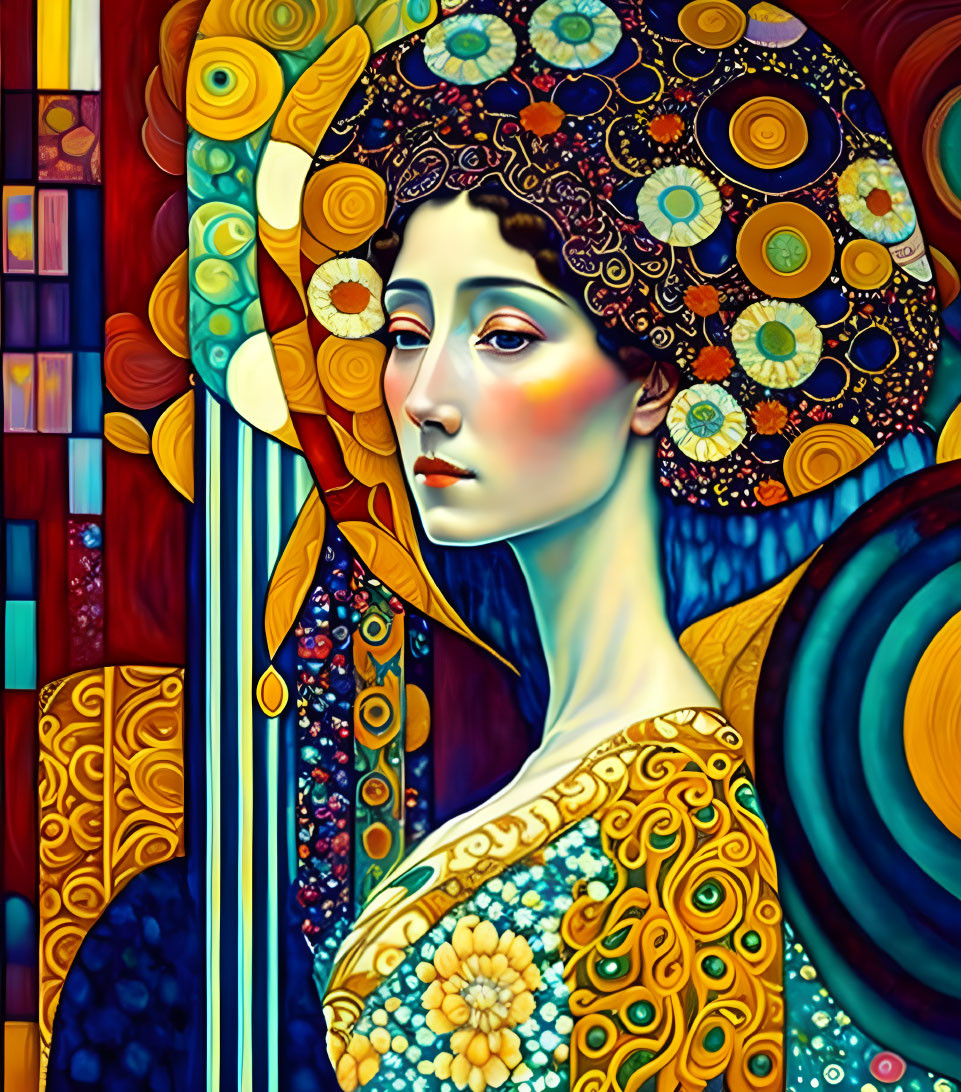 Colorful portrait of woman with elaborate headwear and intricate garment details