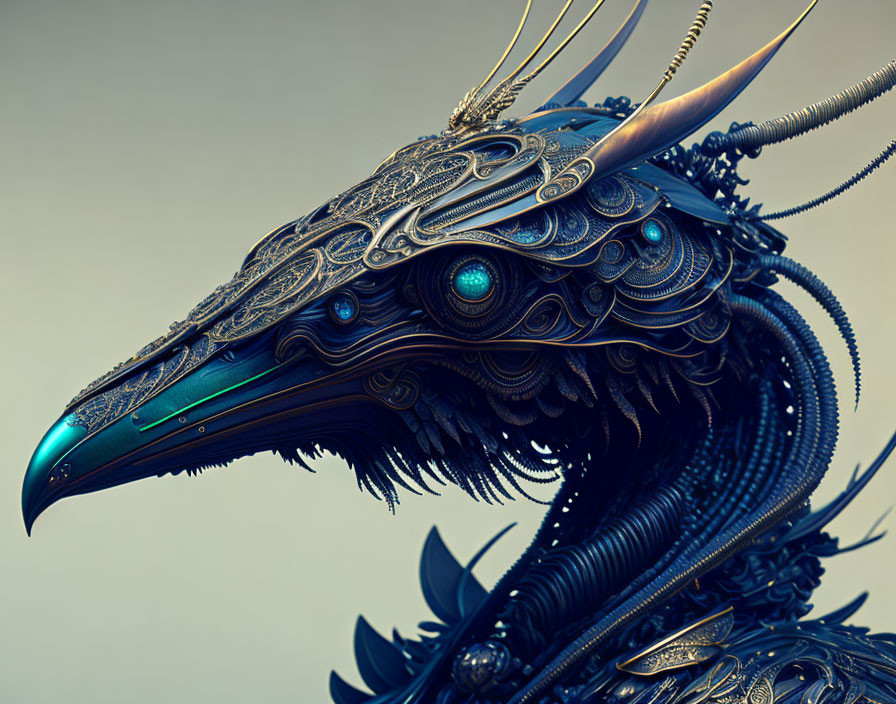 Detailed Mechanical Bird Sculpture with Metal Feathers and Blue Gem Eyes