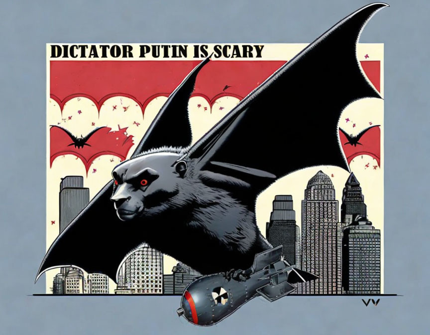 Menacing bat illustration flying over city skyline