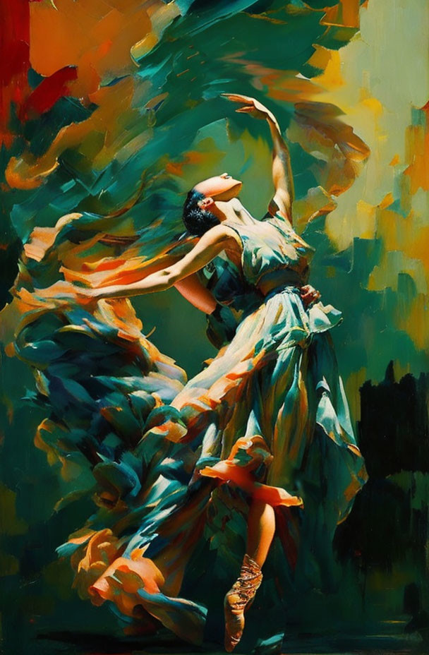 Colorful painting of a dancer in mid-twirl with flowing dress and abstract background