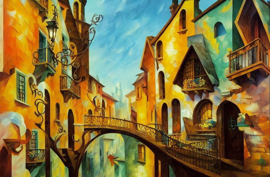 Vibrant painting of whimsical village street with curving architecture