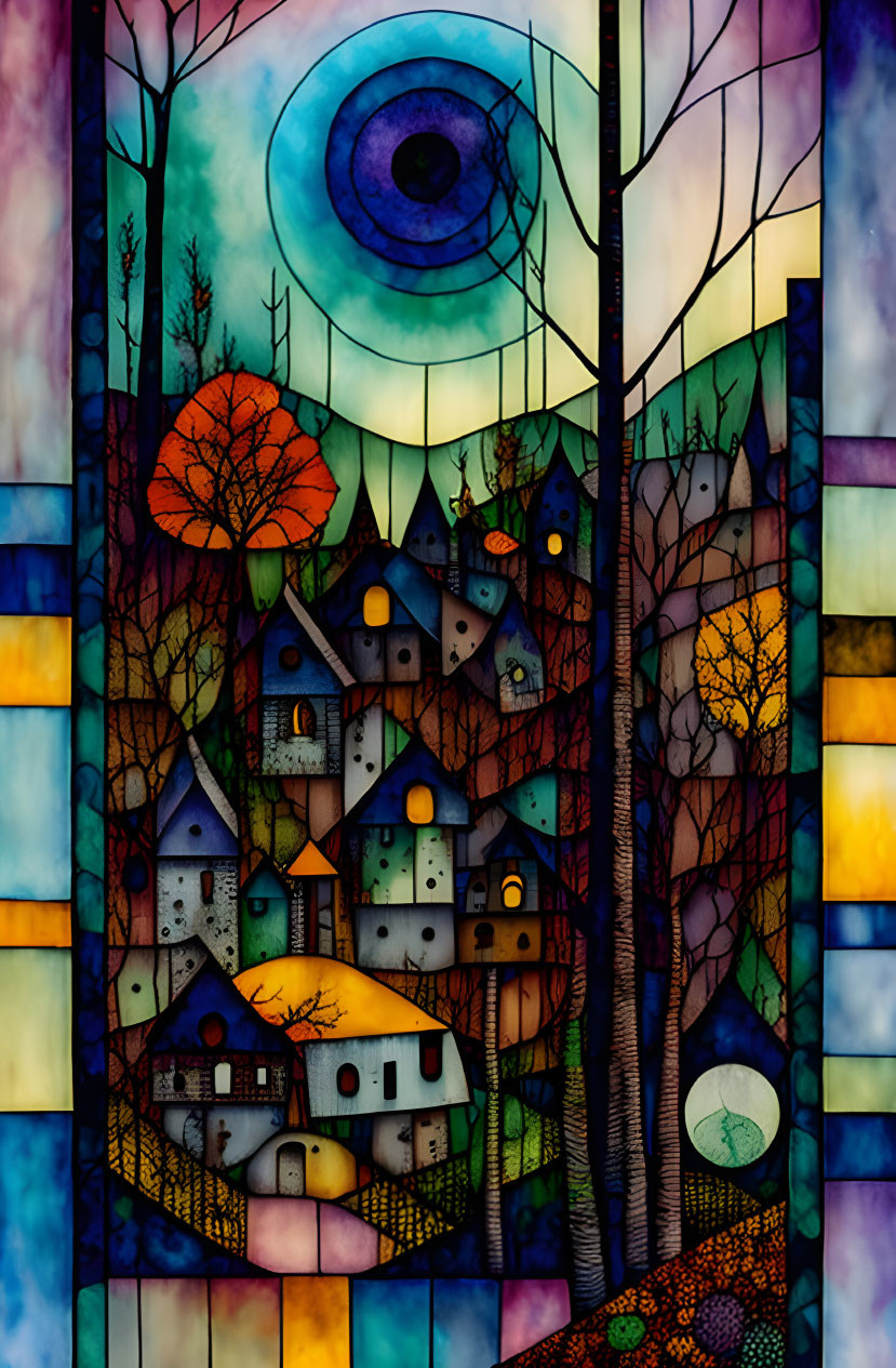 Colorful village scene in stained glass window with moon or eye in twilight sky