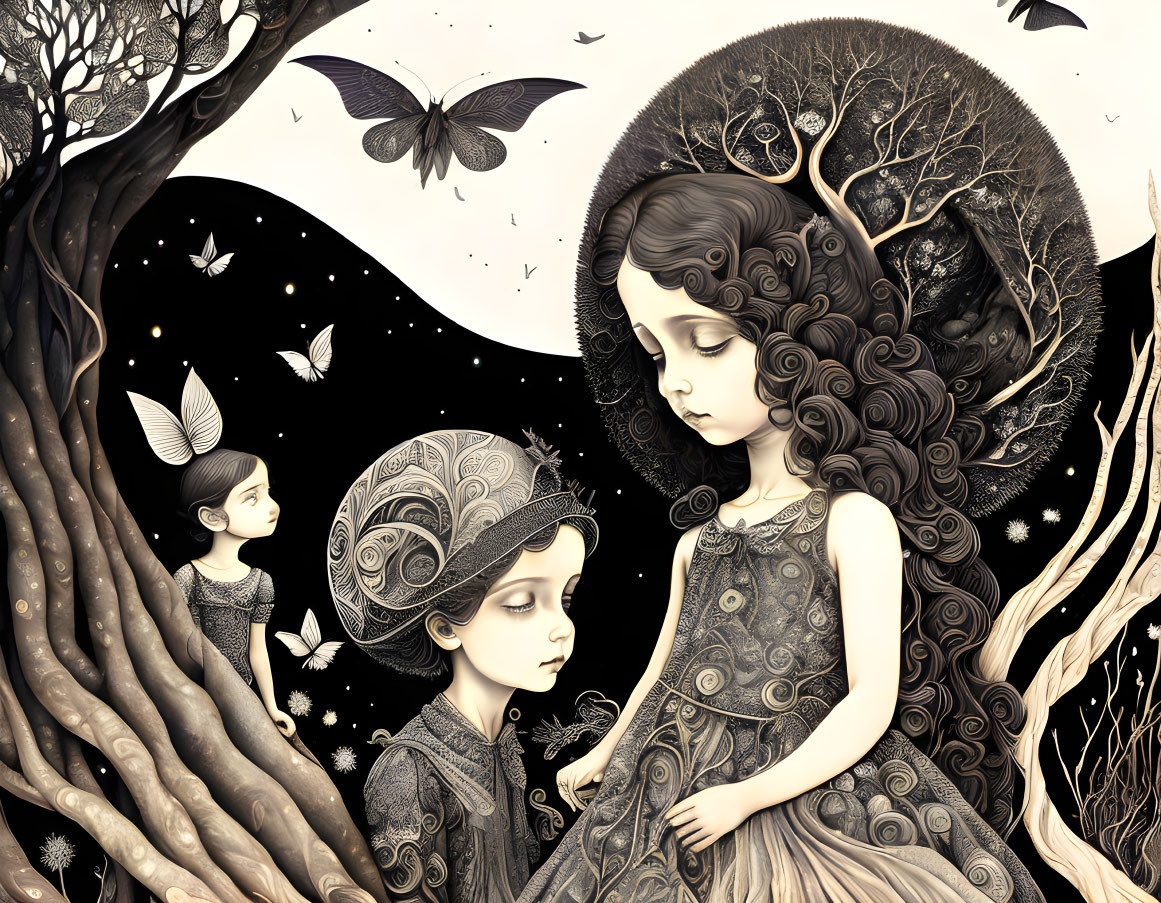 Surreal illustration: Children with elaborate hairstyles in mystical forest