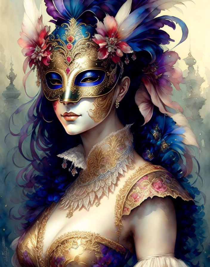 Illustrated woman with feathered masquerade mask and ornate shoulder piece in misty background