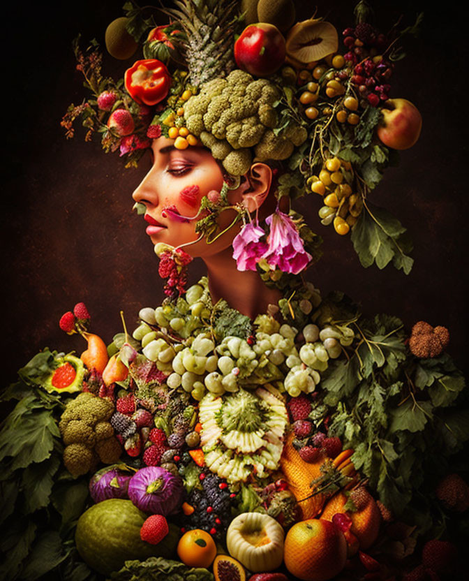 Colorful Woman's Elaborate Headdress and Dress with Fruits, Vegetables, and Flowers