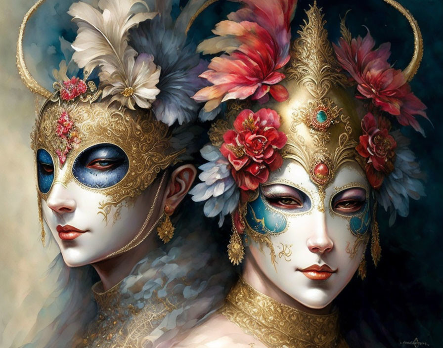 Women in ornate masks with feathers and floral decorations and gold accents in Venetian masquerade