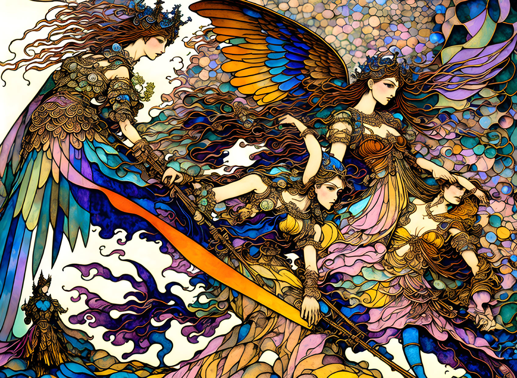 Ornate Art Nouveau Style Winged Women with Vibrant Colors