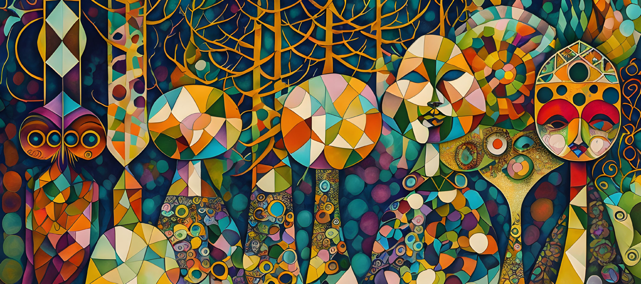 Colorful Abstract Painting with Geometric Shapes and Stylized Faces