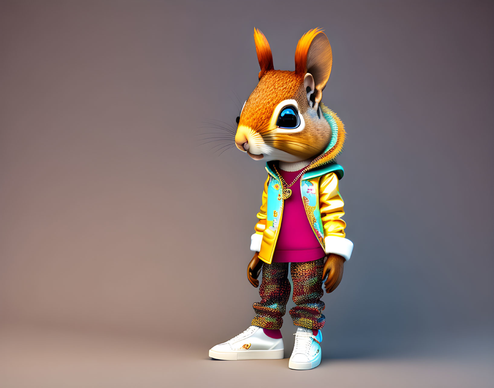 Stylish anthropomorphic squirrel in modern outfit and cool pose