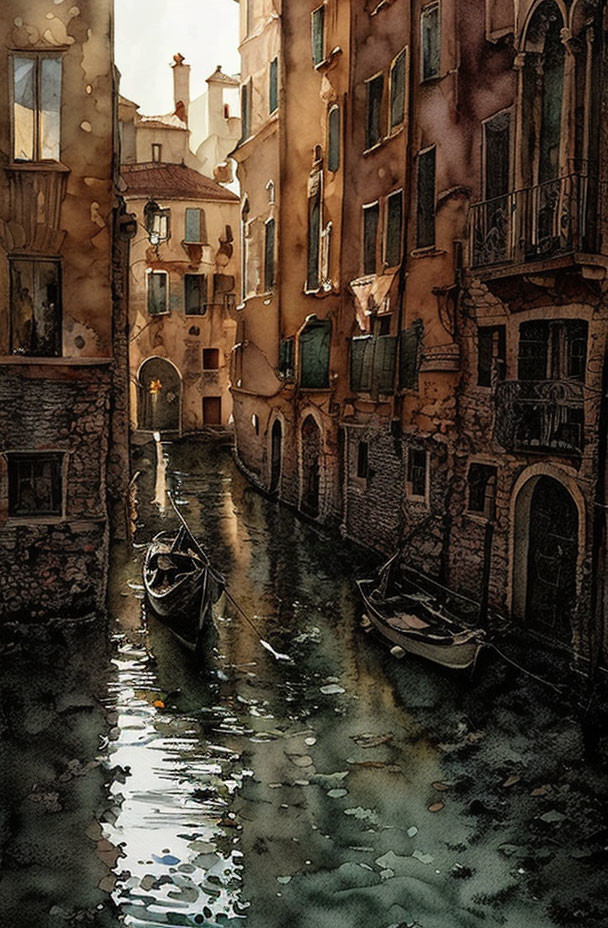 Tranquil Watercolor: Venetian Canal with Sunlit Buildings & Boats