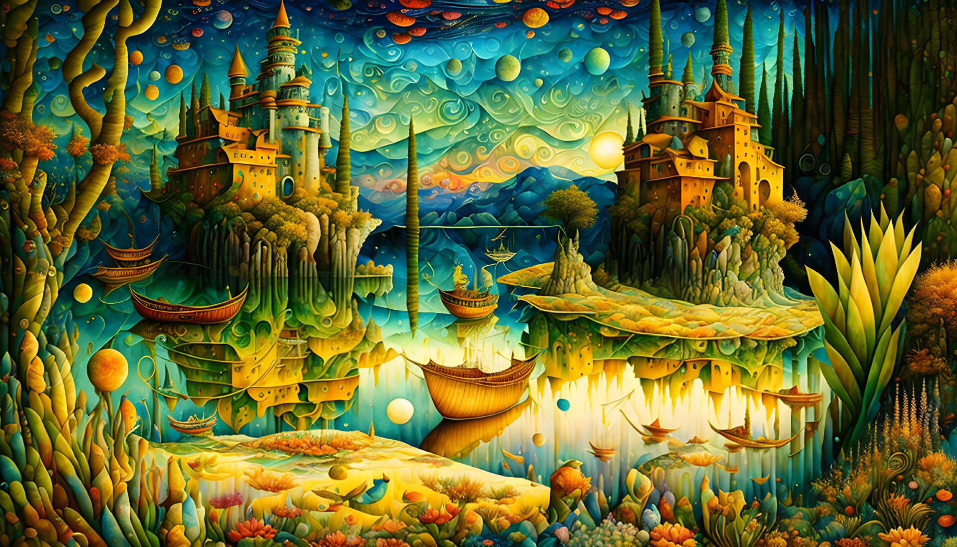 Colorful Fantasy Landscape with Castles, Boats, and Starry Sky