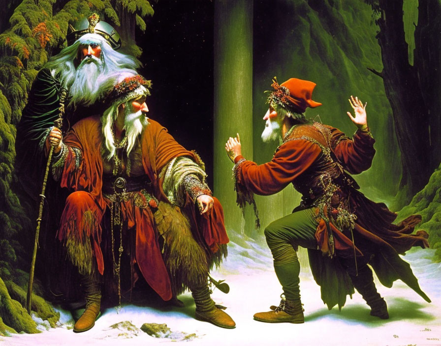 Fantasy illustration of two characters in conversation in enchanted forest