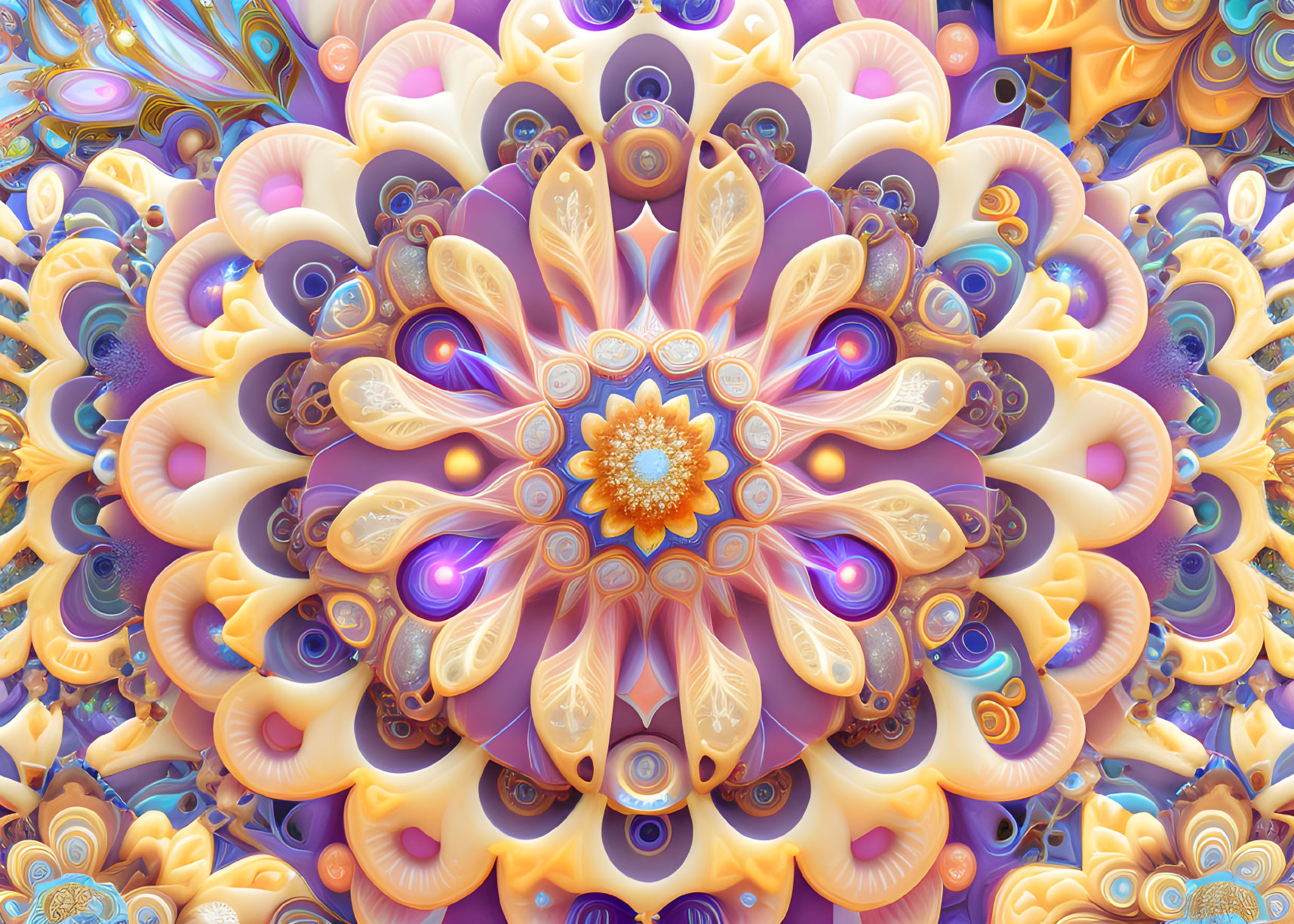 Colorful fractal design with symmetric patterns in purples, oranges, and blues