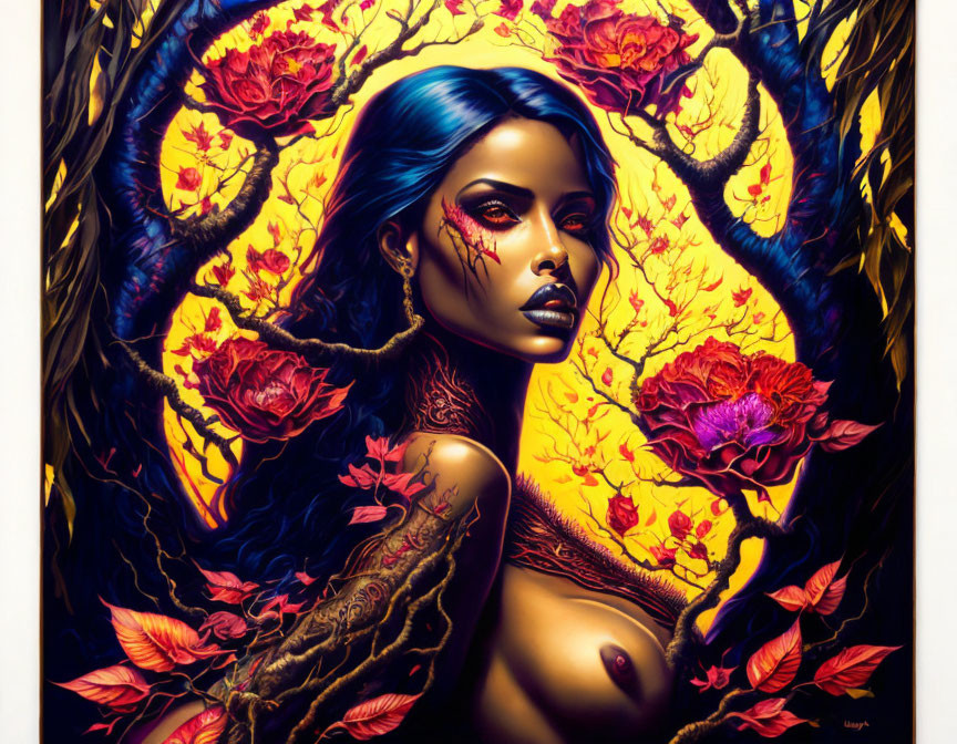 Vivid Artwork: Woman with Blue Skin, Red Eyes, Golden Tree Branches, Red Flowers